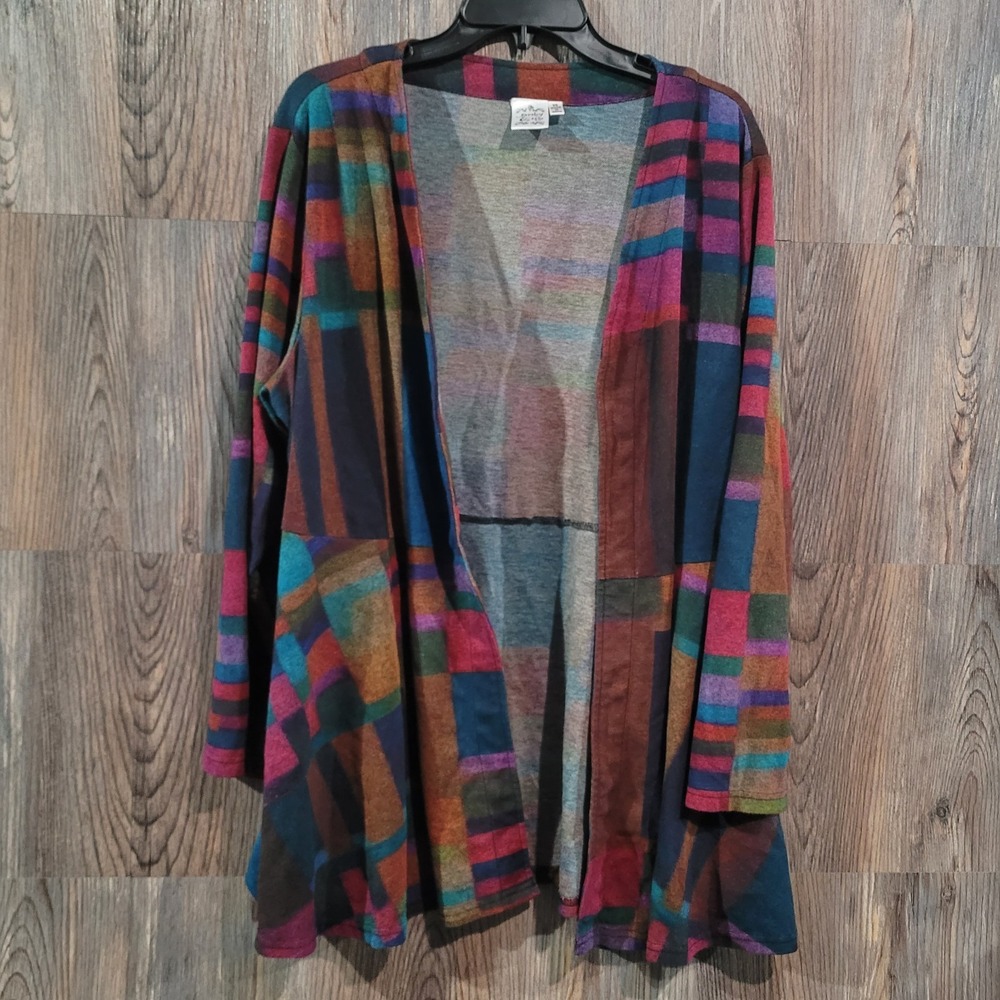 Parsley & Sage Open Front Cardigan Size 2X Muted Rainbow Multicolor Art to Wear